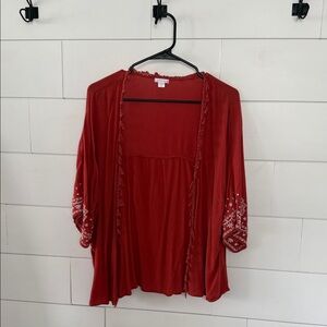 Red Embroidered Open Front Short Sleeve Cardigan